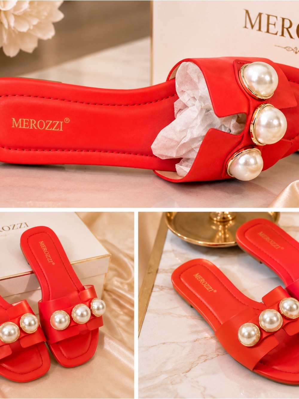 Merozzi Red Pearl Slide Sandals for Women